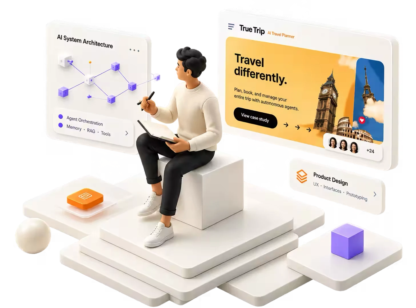 3D illustration of Saurav working on AI system architecture, product design and agent interfaces