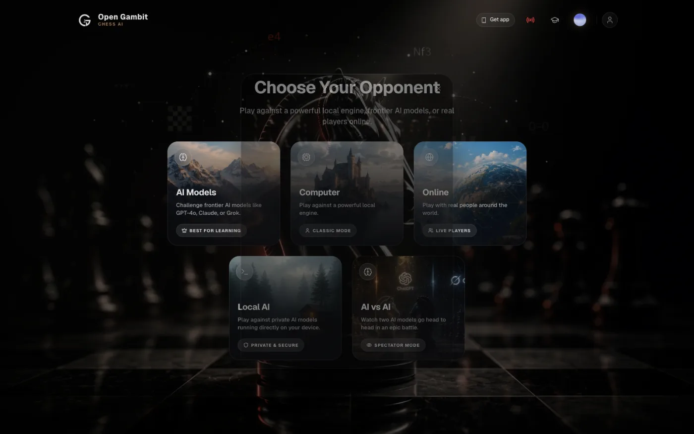 Open Gambit chess application — the Choose Your Opponent screen with AI models, local engine, online, local AI, and AI vs AI modes