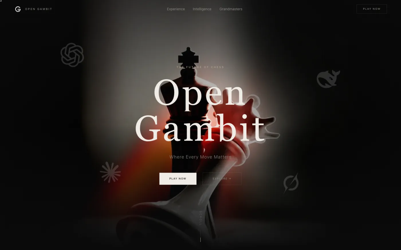 Open Gambit landing page — a cinematic chess hero with the line “Where Every Move Matters”
